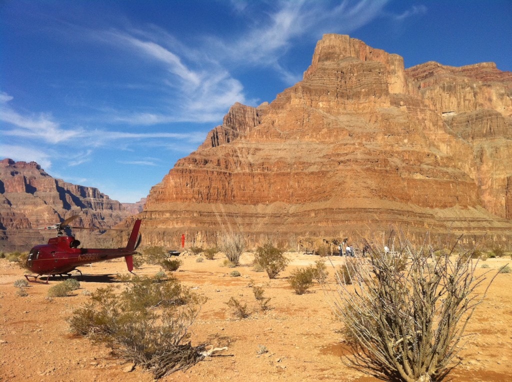 The helicopter parked on the floor of the Grand Canyon