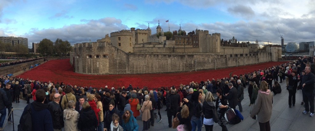 The Tower of London surrounded by the poppies and lots of people!
