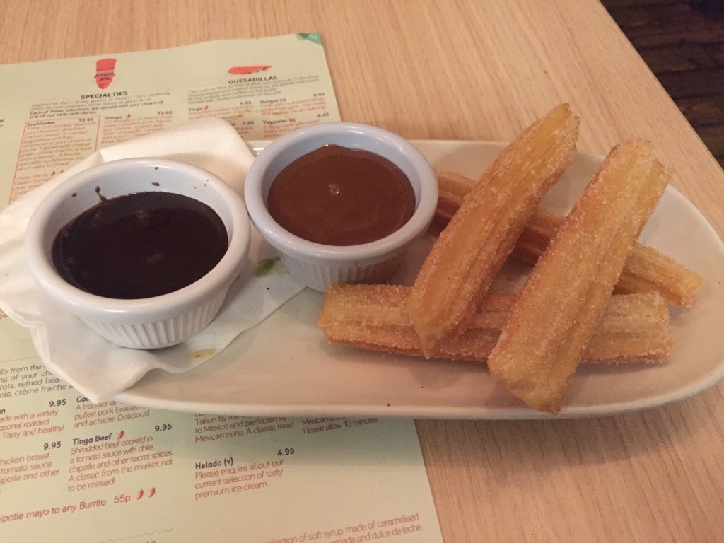 For dessert - the churros with dipping sauces - "Mexican Food Finds in London" - Two Traveling Texans